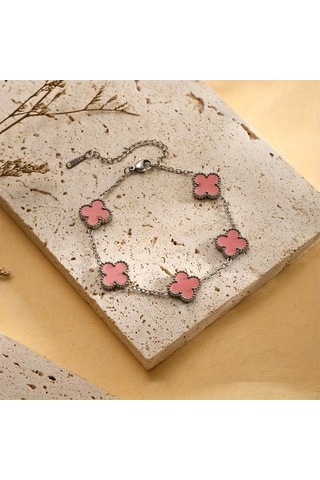 Çelik Bileklik Dört Yapraklı Küçük Yonca Pembe Sedef Taşlı Uzunluk 18 Cm Gümüş Gümüş