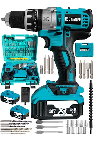 Steiner XR 58 V 5Ah Darbeli Li-ion Çift Akülü Şarjlı Vidalama Matkap + 30 Parça Pro Set