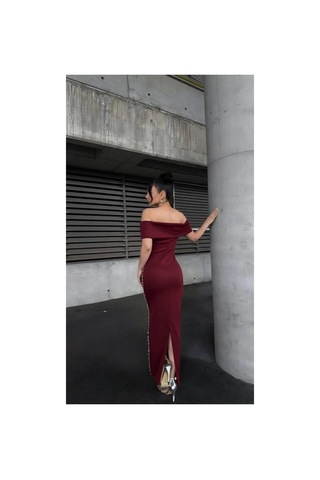 Alfa Aksesuar 03 Scuba Esnek Taş Abiye Elbise Detaylı Straplez Kumaş Bordo