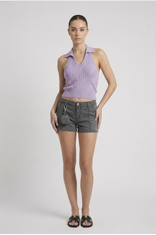 Neden Tekstil Kadın Polo Yaka Sırt Dekolteli Crop Bluz - Lila