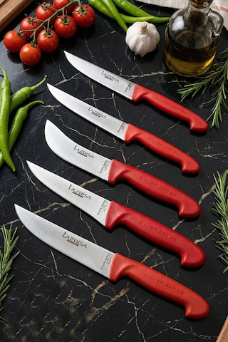 Silver Serisi Çantalı 5 Li Mutfak Gastronomi Bıçak Seti Mft-254 Kırmızı - Siyah