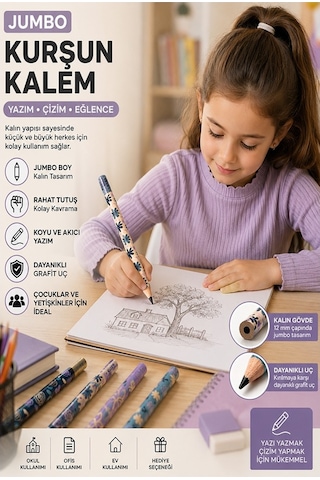 Jumbo Kurşun Kalem 4 Adet Silka 1523 Çiçekli Jumbo Kalın Kalem Hb Kolay Tutuş Dereceli Kalem Kurşun Kalem Siyah