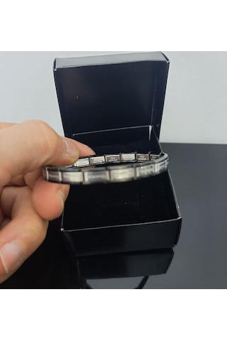 Çelik Bileklik İnce İtalyan Charm Model Unisex Erkek Kadın 3 Mm 18 Cm Ortası Gümüş Kenarı Siyah Çok Renkli