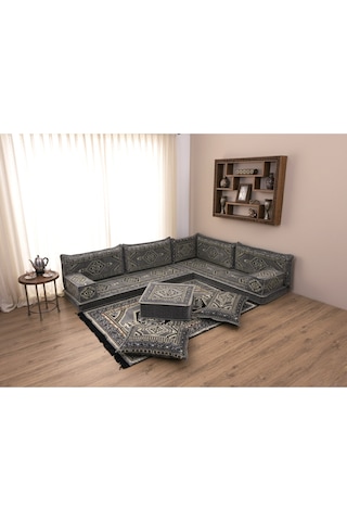 Turkıshrug Kıngdom Geleneksel Anadolu Serisi Gri Şark Köşesi Takımı - 13 Parça Süngerli Tam Set Kilim & Puf Hediyeli