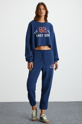 Gloryy Kadın Comfort Fit Baskı Detaylı Lastikli Paça Organik Pamuklu Lacivert Eşofman Takımı