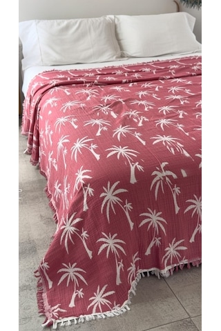 Palmiye Desen 4 Katlı Müslin Pike Yatak Örtüsü Battal Boy 240x260 Cm Kırmızı