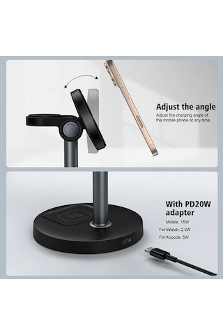 Honeybeeshop Pembe 3lu 1 Arada Manyetik Kablosuz Sarj Standi İphone İOs Watch Uyumlu Airpods İcin