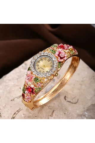 Bayan Kore Stili Moda 3d Çiçek Taşlı Süsleme Takı Saat Kombini Altın