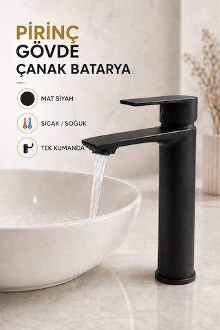 Mat Siyah Çanak Lavabo Bataryası Pirinç Gövde Yüksek Tip Tezgâh Üstü Sıcak Soğuk Banyo Musluğu