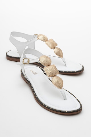 Luvishoes Luvi Shoes Helen Beyaz Hakiki Deri Parmak Arası Gold Tokalı Kadın Sandalet Beyaz