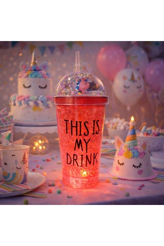 Sevimli Renkli Çılgın 450ml Led Işıklı This İs My Drink Temalı Pipetli İçecek Bardağı Suluk 2642krmz Kırmızı