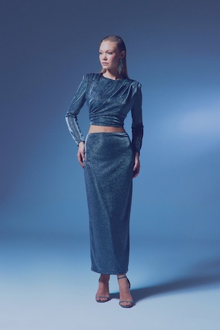 Sateen Simli Midi Etek - Antrasit-135383 Antrasit