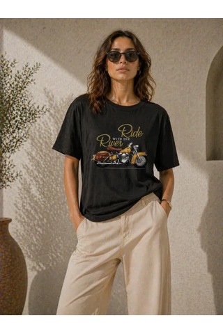 Efnaz Style Motosiklet Baskılı Tişört Bisiklet Yaka Kısa Kol Yazlık T-shirt - Siyah