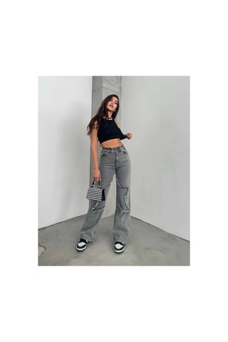 Kene Jeans Yüksek Bel Bacak Yıldızlı Bol Paça Jeans Kar Siyah