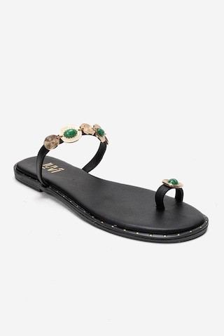 Luvishoes Martınez Siyah Yeşil Tokalı Hakiki Deri Kadın Parmak Arası Terlik
