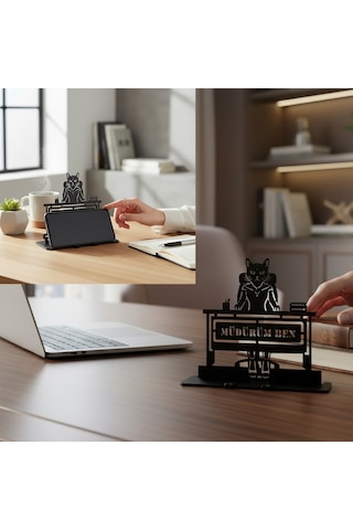 Müdürüm Ben Yazılı Kedi Figürlü Metal Masaüstü Dekor