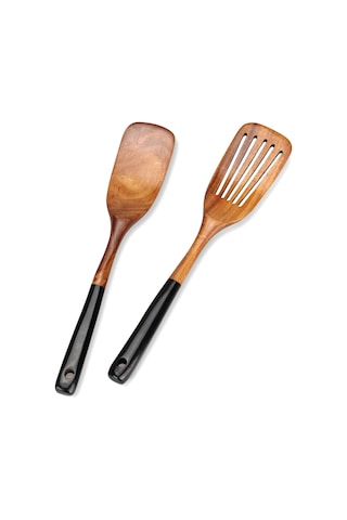 Kangvka 2 Parça Sağlıklı Ahşap Mutfak Spatula Seti - Yuvarlanabilir Ve Delikli, Teflon Tencere Uyumlu, Dayanıklı Ahşap Kürdan Siyah