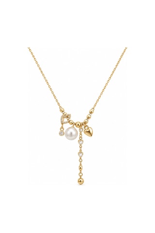 Pearl Collection Amélie İnci Ve Kalp Figürlü Sallantılı Gold Çelik Kadın Kolye Altın Altın