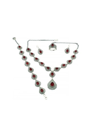 Kök Yakut Taşlı Telkari Gümüş Takım Kolye Bileklik Küpe Üçlü Seti