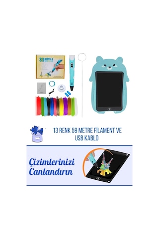 Mavi 3D Kalem & Mavi Tavşan Grafik Panda Tablet Seti – 50 Metre Filament ve USB Kablo
