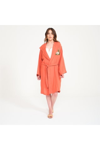 Ördek Nakışlı Kısa Kapüşonlu Müslin Kadın Bornoz-Kiremit