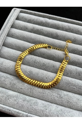 Gold Yassı Tırtıl Birbirine Geçmeli Model Erkek Künye Bileklik Altın