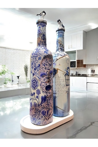 Mavi-beyaz Renkli Seramik Ve Porselen Motifli Vintage Yağdanlık Set, Sosluk, Sirkelik Açık Mavi