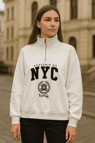 Önü Fermuarlı Nyc Baskılı Sweat Ekru