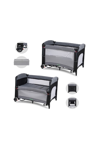 Mastic Anne Yanı Sallanır Cibinlikli Oyun Parkı Bebek Beşik 70x110 Cm Gri - Siyah