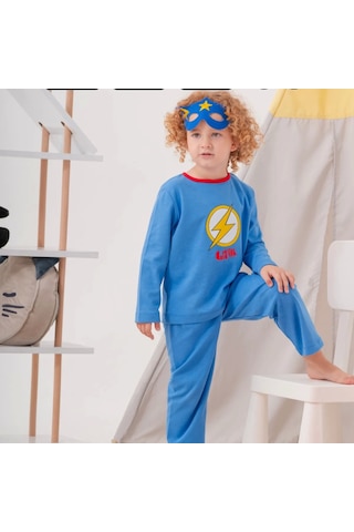 Heros Desenli Çanta Ve Maskeli % 100 Pamuk Erkek Çocuk Pijama Takımı Mavi