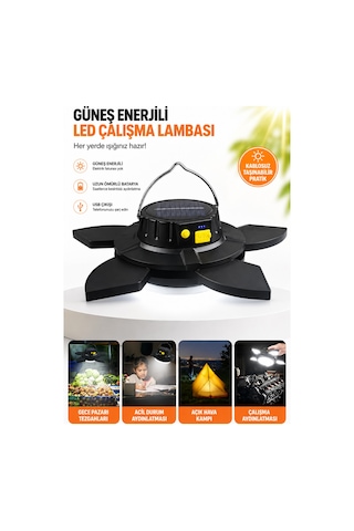 Güneş Enerjili Katlanabilir Led Kamp Lambası- 4000 Mah Powerbank Özellikli Siyah