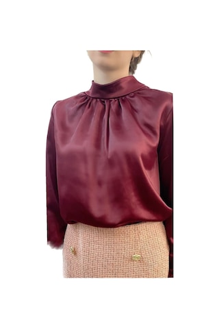Mois Atelier Bordo Saten Büzgülü Bluz Gömlek Tasarım Hediye Büyük Beden Tesettür