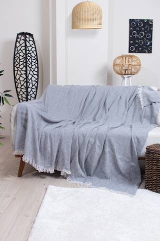 Pamuklu Zikzak Desenli Püsküllü Koltuk Örtüsü 170x210 Cm Dekoratif Ve Çok Amaçlı Koyu Gri