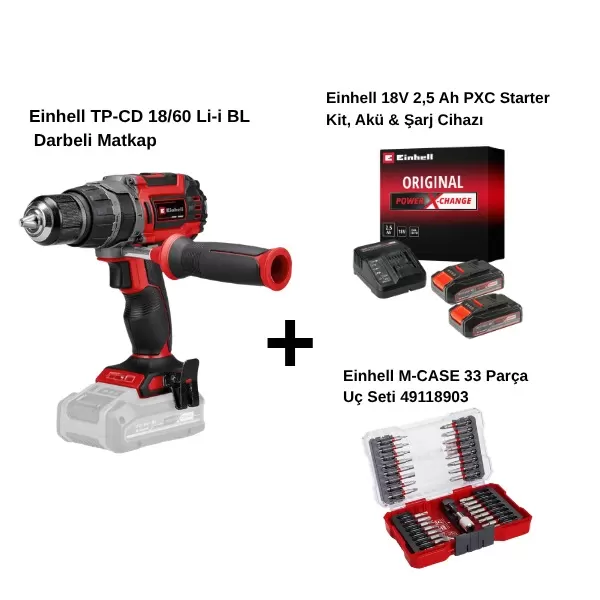 Einhell Tp-cd 18/60 Li-i Bl Çift Akülü 2.5 Ah Darbeli Matkap + Einhell M Case 33 Parça Uç Seti 49118903