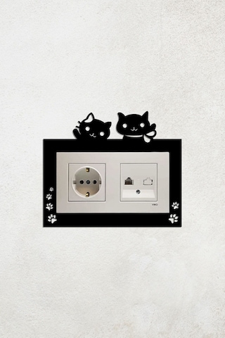 Sevimli Kedi Tasarım 2li Priz Çerçevesi İç Ölçü 15,5x8,4 Cm Ev Süsü - 2li Dekoratif Piriz Süsü Siyah