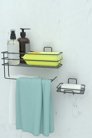 Zabata Yapışkanlı Banyo Rafı Kağıt Havlu Tutacağı Ve Metal Sabunluk Set Düzenleyici Siyah