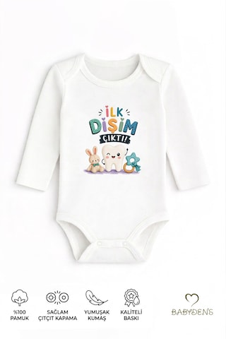 Babyden's Diş Buğdayı Body %100 Pamuk İlk Dişim Çıktı Baskılı Uzun Kollu Bebek Body Çıtçıtlı Unisex Yenidoğan Zıbın Beyaz