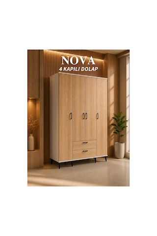 Nova 4 Kapılı 2 Çekmeceli Dolap, Gardrop Meşe - Beyaz