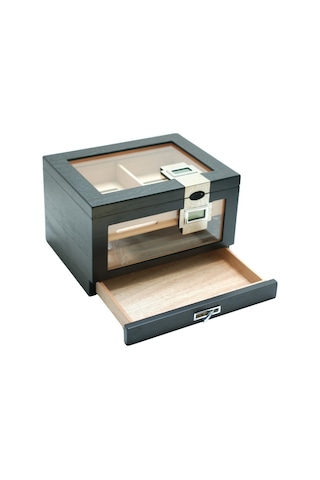 Premiumquality Providencia Çift Nem Ölçerli Siyah Sedir Humidor Puro Kutusu - Tr9637