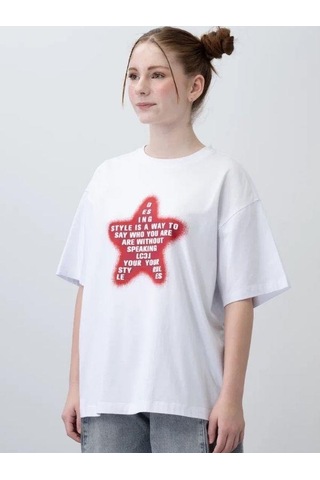 Zekids Kız Çocuk Yıldız Harf Baskılı Oversize T-shirt-15532 Beyaz