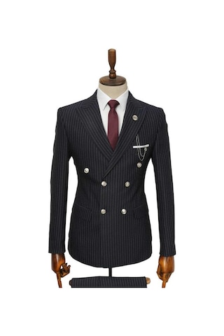 Beystil Sivri Yaka Siyah Çizgili Kruvaze Takım Elbise Togo036 - Slim Fit Siyah