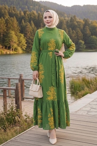 Bestenur Noyra Desenli Viskon Elbise 1722 - Haki