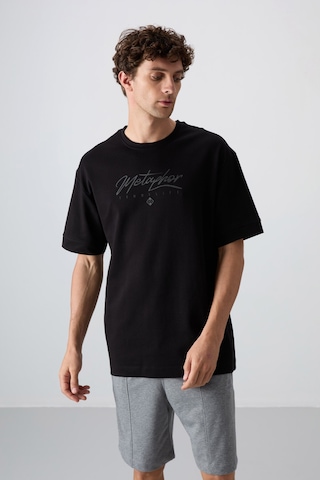 Tommy Life Siyah Pamuklu Kalın Yumuşak Dokulu Oversize Fit Baskılı Erkek T-shirt - 88320 Siyah