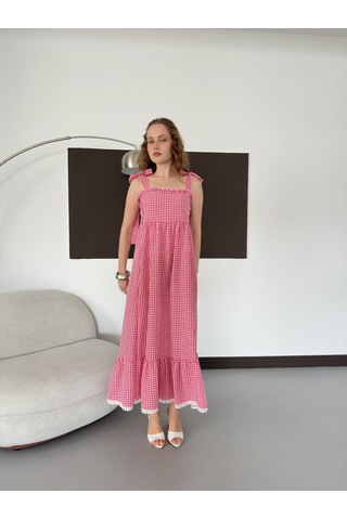 Verymoda Kadın Pötikare Desenli Askı Bağlama Detaylı Maxi Elbise D3108 Pembe
