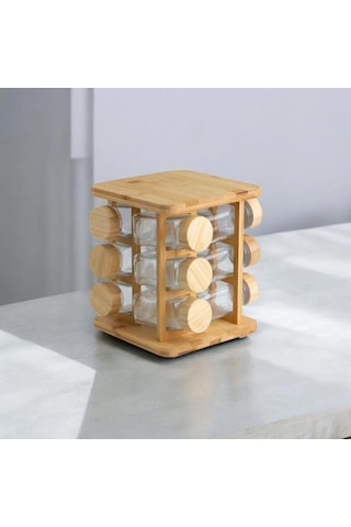 Mien Dayanıklı 12'li Bambu Kapaklı Ve Döner Standlı Kare Borosilikat Cam Baharatlık Seti 13 Parça Ahşap