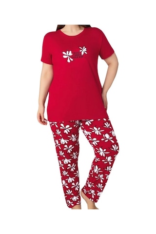Kadın Bisiklet Yaka Düğmesiz Battal Kesim Viskon Yazlık Kısa Kol Cepli Büyük Beden Pijama Takımı Kırmızı
