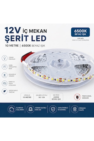 12v İç Mekan Şerit Led 10 Metre 6500k Beyaz Işık Kesilebilir Led Şerit Trafo Hariç 10 Metre Beyaz