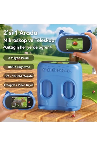 387 Mavi 2'si 1 Arada Dijital Çocuk Mikroskobu & Dürbün - 1000x Büyütme, 1000 Metre Menzil, 2 Mp Full Hd Ekranlı Eğitici Bilim Kiti