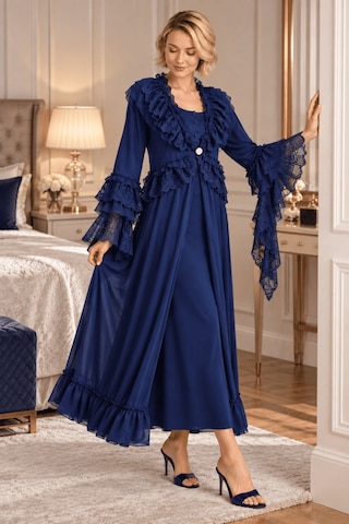 Mecit Pijama Mecit 6411 Lacivert Dantel Detaylı Kadın Sabahlık Gecelik Takım