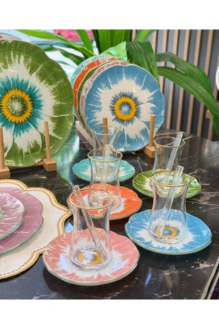 30 Parça Daisy Color Mix Servis Pasta Çay Takımı Gold-5068 Çok Renkli
